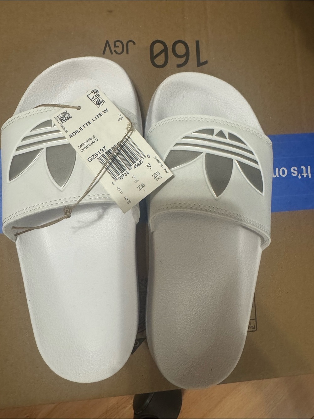 adidas White Slide Sandals with Trefoil Cutout